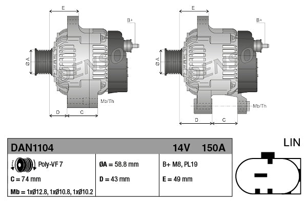 Alternator Denso DAN1104 (OE LR029981)