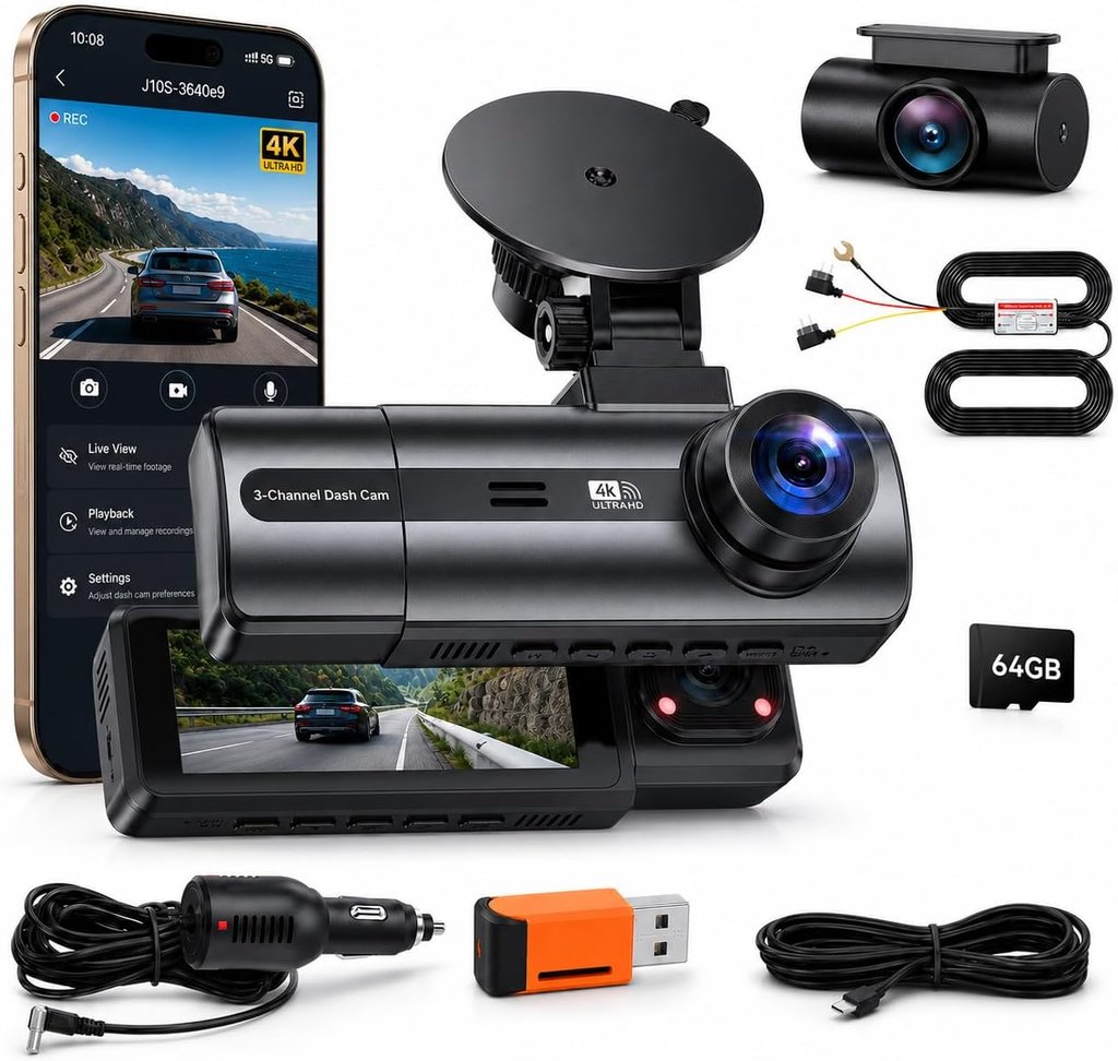 Dashcam 4K Triple Cámara WiFi 64GB Nueva (1)